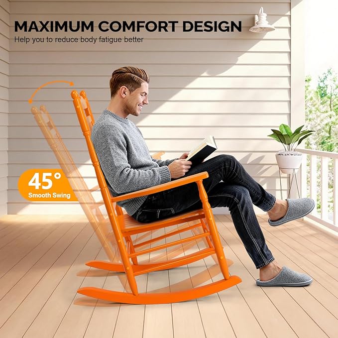 VINGLI Wooden Rocking Chair, Outdoor Chair with 450 lbs Support, Relaxing Rocker with Solid Wood High Back Seat Reclining Seat for Deck, Garden, Backyard, Porch, Indoor or Outdoor Use (Orange, 1PC)