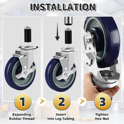 Besitu 5 Inches Prep Table Wheels Set of 4, Expanding Stem Casters Fit for 7/8", 1", 1-1/2" and 1-5/8" Tube Leg for Stainless Steel Table, Cart, Furniture Legs, Commercial Kitchen Appliances