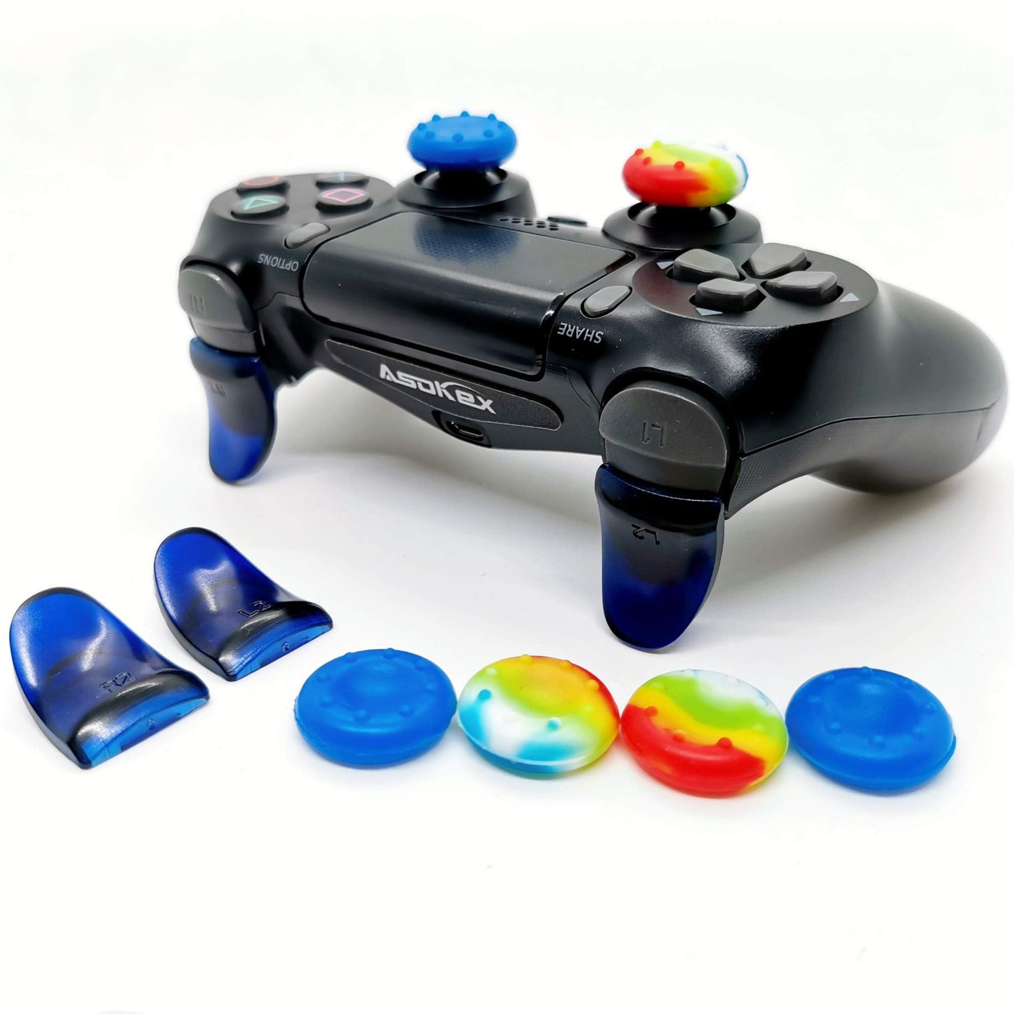 L2 R2 Ps4 Trigger Extenders (1 Pair L2 R2 Triggers, 4pcs Joystick Cap, 2 Pairs LED Light Bar Decal) for PlayStation 4 Controller