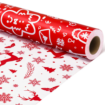 Iioscre Reversible Christmas Wrapping Paper, Santa Gift Wrapping Paper Roll, Red White Reindeer and Snowflake Wrapping Paper for New Year, Holiday, Party, 17 Inch X 32.8 Feet