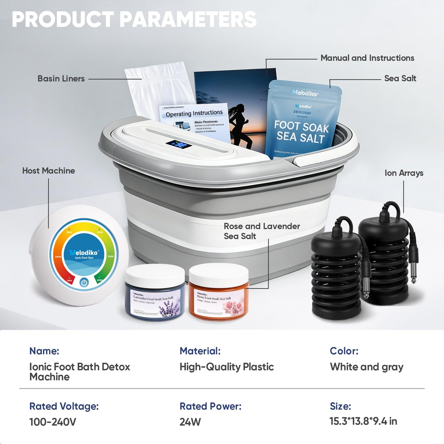 Ionic Foot Bath Detox Machine, Premium Ion Foot Spa for Home Use, Includes 3 Sea Salts (Original/Rose/Lavender), 2 Ion Arrays & Accessories, Perfect for Parents/Seniors/Partner/Self (Foldable Basin)