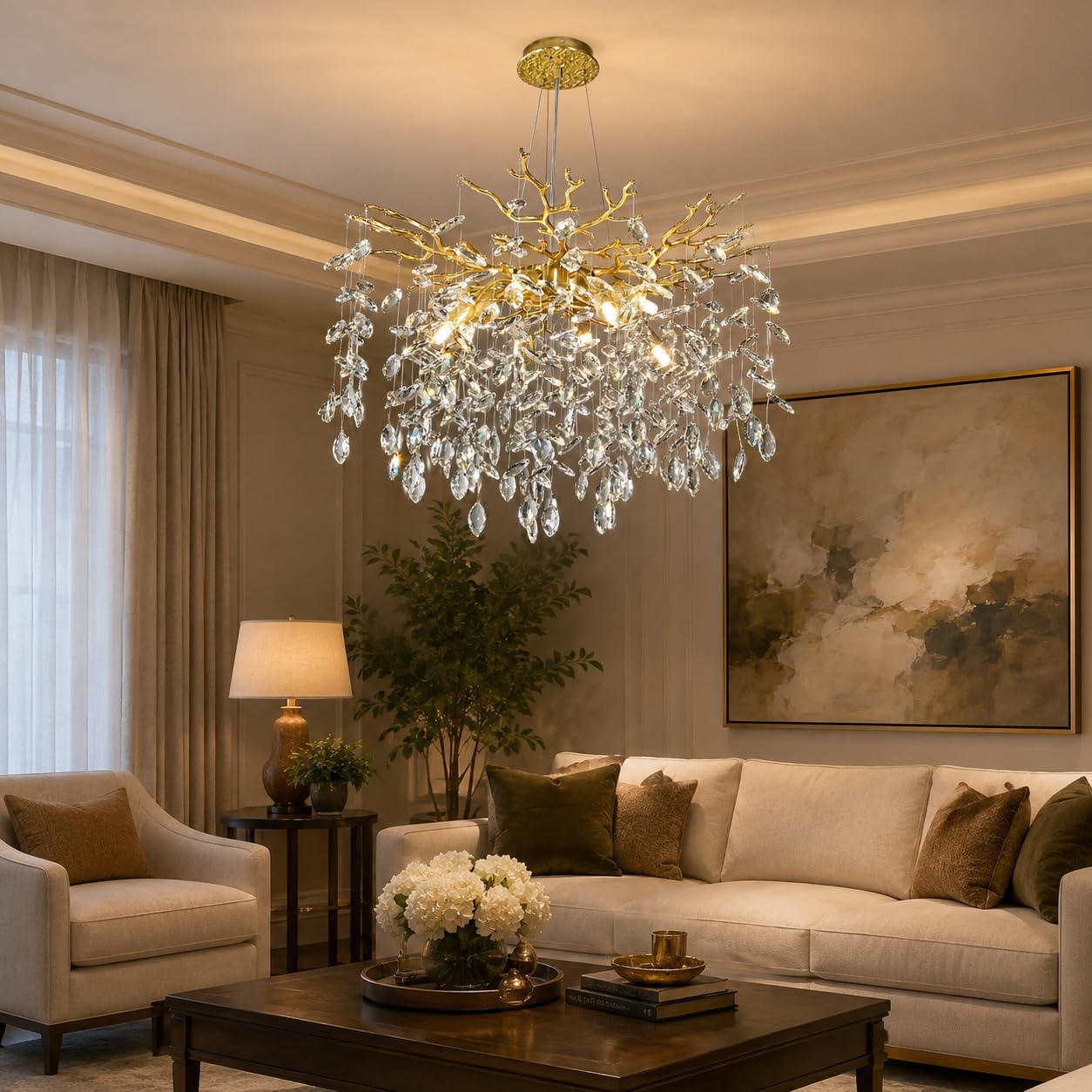 kvtinmty 24'' Modern Tree Branch Crystal Chandelier Luxury Gold K9 Crystal Chandelier 9-Light Crystals Pendant Chandeliers for Dining Room Living Room Bedroom Kitchen Entryway