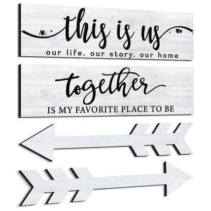 Jetec 4 Pcs Wooden Arrow Wall Decor This Is Us Our Life Rustic Family Signs for Home Wall Decor Home Wooden Hanging Sign for Farmhouse Living Room, 15 x 4 x 0.2 Inch(White)