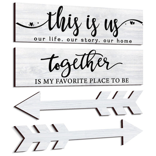Jetec 4 Pcs Wooden Arrow Wall Decor This Is Us Our Life Rustic Family Signs for Home Wall Decor Home Wooden Hanging Sign for Farmhouse Living Room, 15 x 4 x 0.2 Inch(White)
