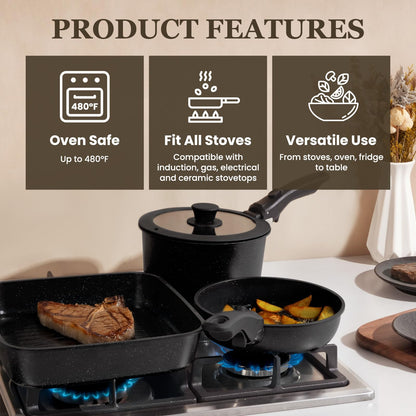 22 Pack Nonstick Pots and Pans Set, KIKCOIN Cookware Set with Detachable Handle, Kitchen Cooking Pans Set with Frying Pan, Grill Pan - Stackable for RV Kitchen, Induction Ready, Dishwasher/Oven Safe