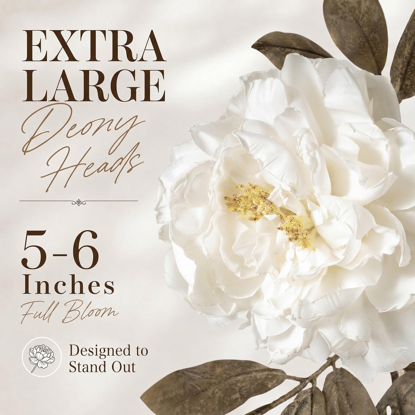 White Artificial Peony Flowers for Vase, 6 Faux Peony Stems with Large Realistic Blooms and Buds, 28.3" Long Stem Silk Peonies, Faux Flowers for Wedding Centerpieces, Living Room Table Home Decor