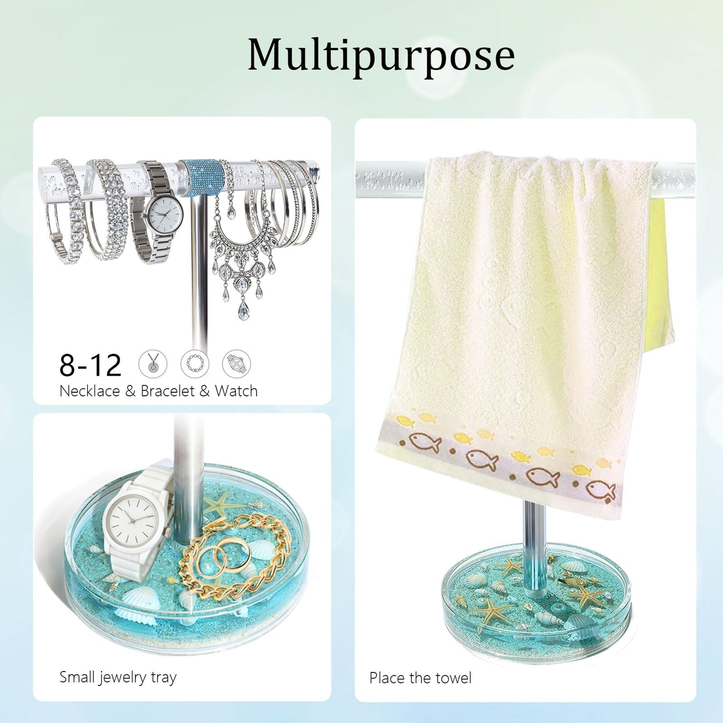 FONMY Jewelry Organizer Countertop Acrylic w/Nature Seashell Handmade,Seascape Standing Jewelry Holder W/Blue crystal for Bedroom Bathroom w/Weighted Base,Unique Gifts