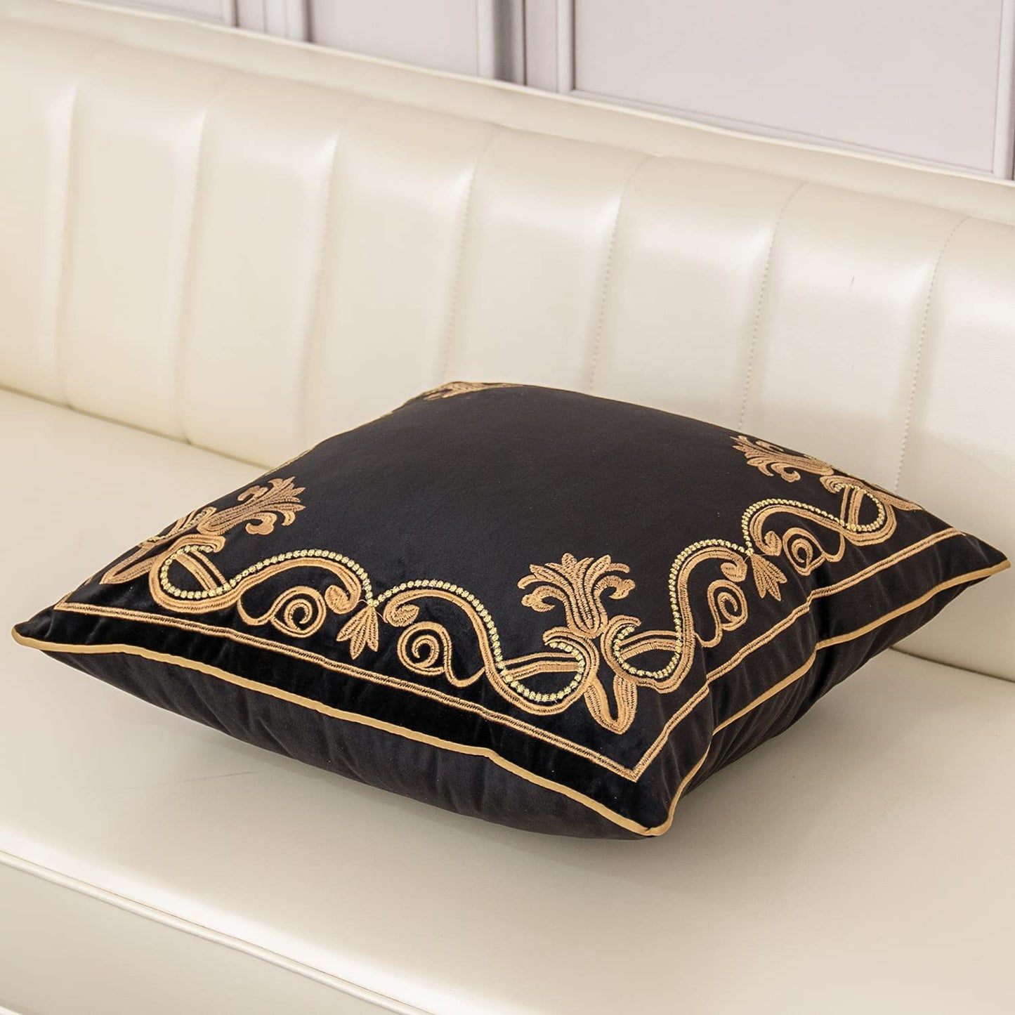 Aeckself Floral Pillow Cover 18x18 Inch, Velvet Embroidered Decorative Farmhouse Accent Throw Pillow Cover for Couch Bedroom Living Room, Black and Gold