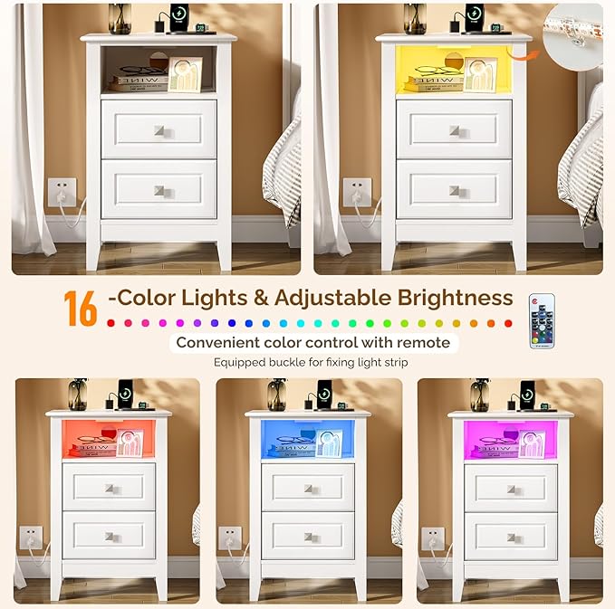 Bonnlo White Night Stand with Charging Station, Led Nightstand White Wood