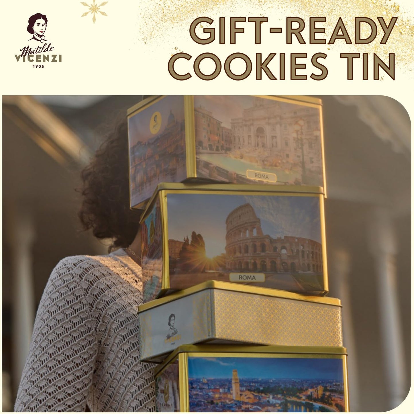 Matilde Vicenzi Verona Cookie Tin - Gourmet Italian Cookies Assortment in Individually Wrapped Trays - Pastries & Bakery Dessert for Christmas Gifts - Assorted Cookies in Italian Design Gift Tin 25.4oz (720g)