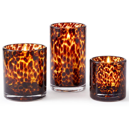 Potchen Set of 3 Tortoise Shell Glass Candle Holder Vase Set 3/4/5" Tealight Pillar Candle Holder Leopard Print Tortoiseshell Cheetah Animal Print for Table Decoration Centerpieces Home Dining Party