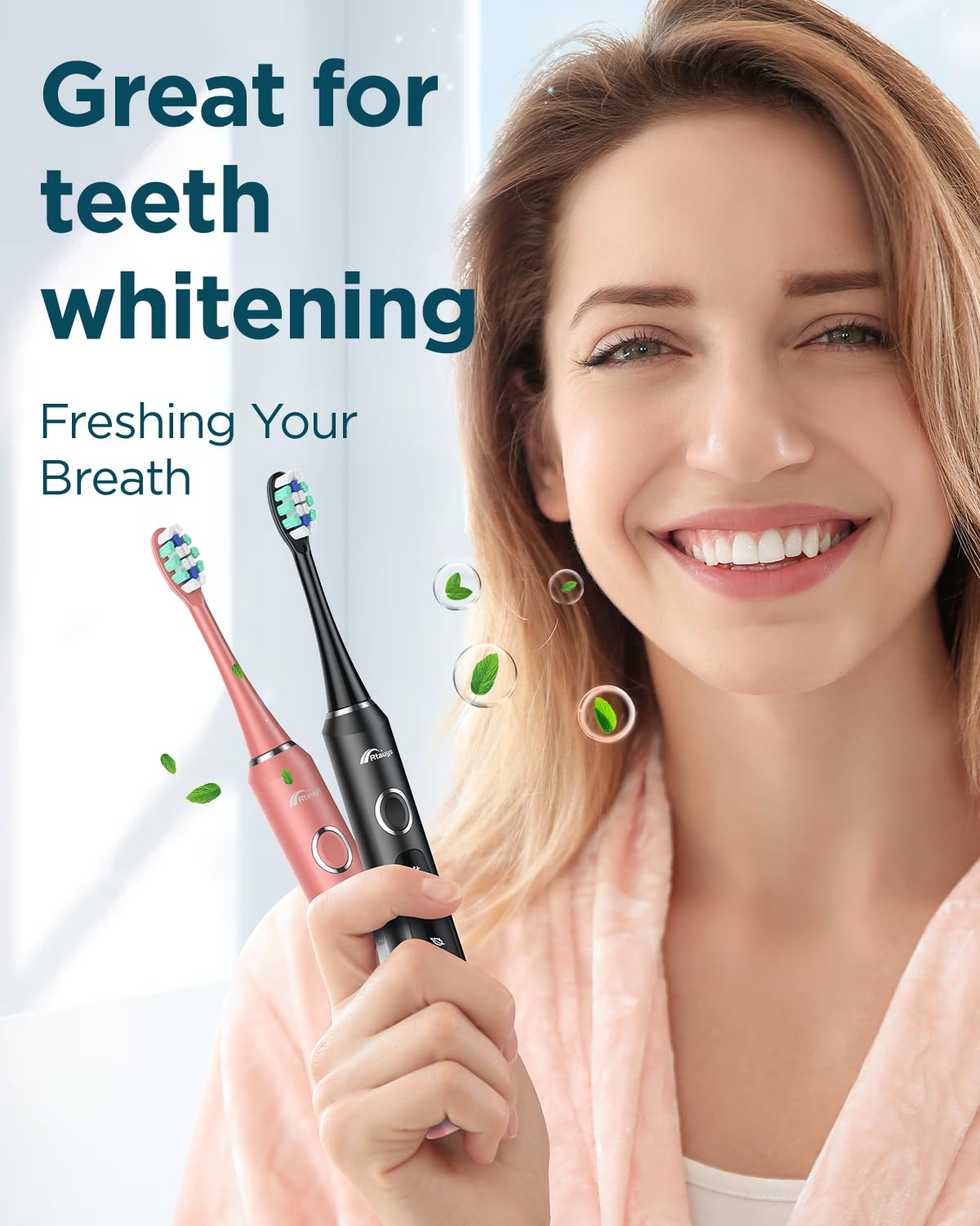 Rtauys M5 Sonic Electric Toothbrush for Adults and Kids - Rechargeable Electric Toothbrush Kids Ages 12+ and Adults with 8 Brush Heads & Travel Case, 120 Days Battery Life - Pink