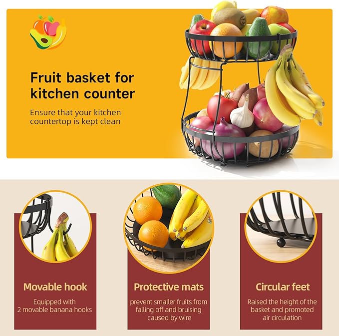 2 Tier Large Fruit Basket for Kitchen Counter