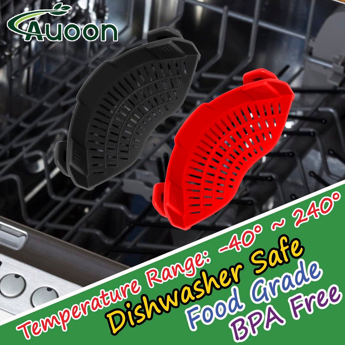 AUOON Clip On Strainer Silicone for All Pots and Pans, Pasta Strainer Clip on Food Strainer for Meat Vegetables Fruit Silicone Kitchen Colander