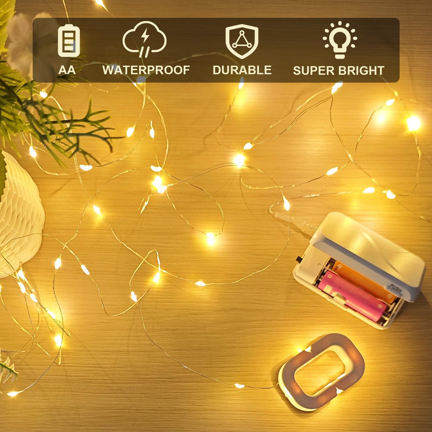 Aogist 2-Pack 16FT Fairy Lights with Spool,Ultra-Bright 50 LEDs Battery Operated Copper Wire String Light for Bedroom Christmas Wedding Centerpiece Parties Decoration,Warm White