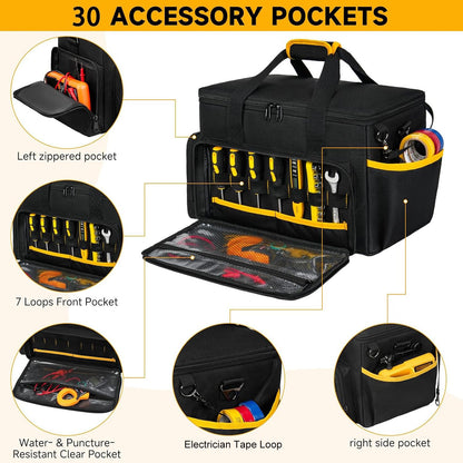Tool Bag 15 Inch,Heavy Duty Tool Organizer,Tactical Range Tool Tote,30 Pockets & Anti-Friction Bottom,Water-Resistant,Tool Box for Him Dad Men,Electrician,Carpenter,Repairman,Ideal Gift for Father