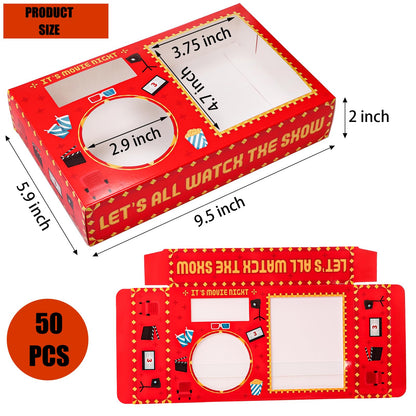 Bekith 50Pcs Movie Night Snack Trays Hold Popcorn Candy Food Drink, Disposable Paper Snack Boxes Movie Night Party Favors, Movie Night Supplies for Movie Theater Family Birthday Party, Red