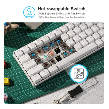 RK ROYAL KLUDGE RK61 Wireless 60% Triple Mode BT5.0/2.4G/USB-C Wired Mechanical Gaming Keyboard, Compact 61 Keys Bluetooth Mechanical Keyboard with Software (Hot Swappable Blue Switch, White)