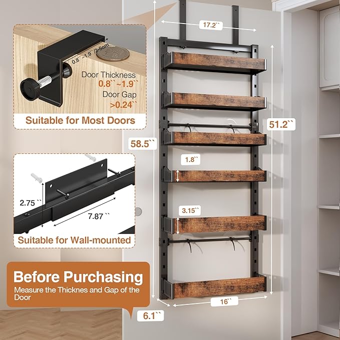 6-Tier Over The Door Pantry Organizer, Heavy-Duty Metal Wall Mount or Hanging