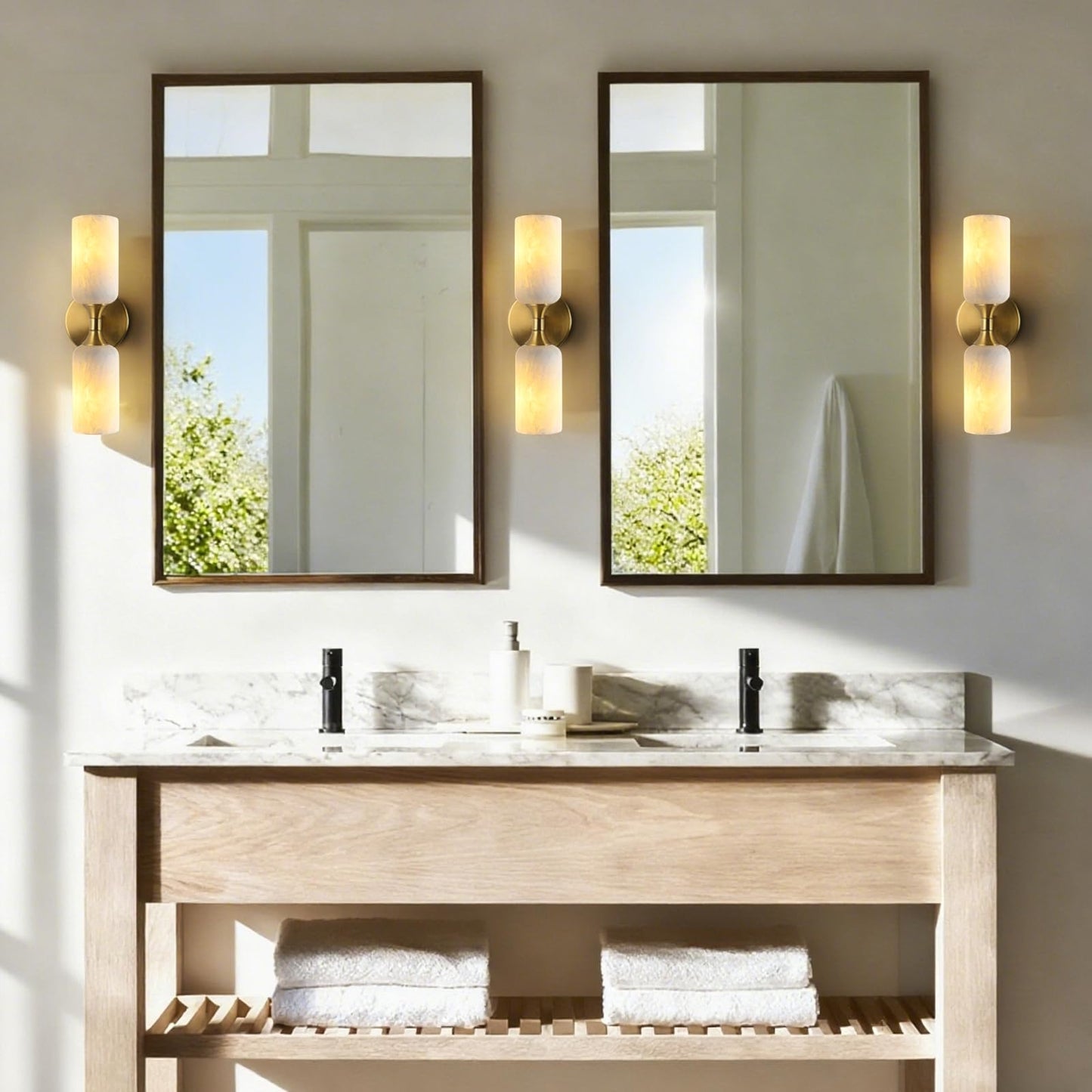 YMDHFS Natural Alabaster Wall Sconce Light Marble Wall Light Bathroom Vanity Sconce Mid Century Stone Wall Mount Light Gold Wall Light Fixture for Bedroom Living Room Kitchen Cafe Stairs