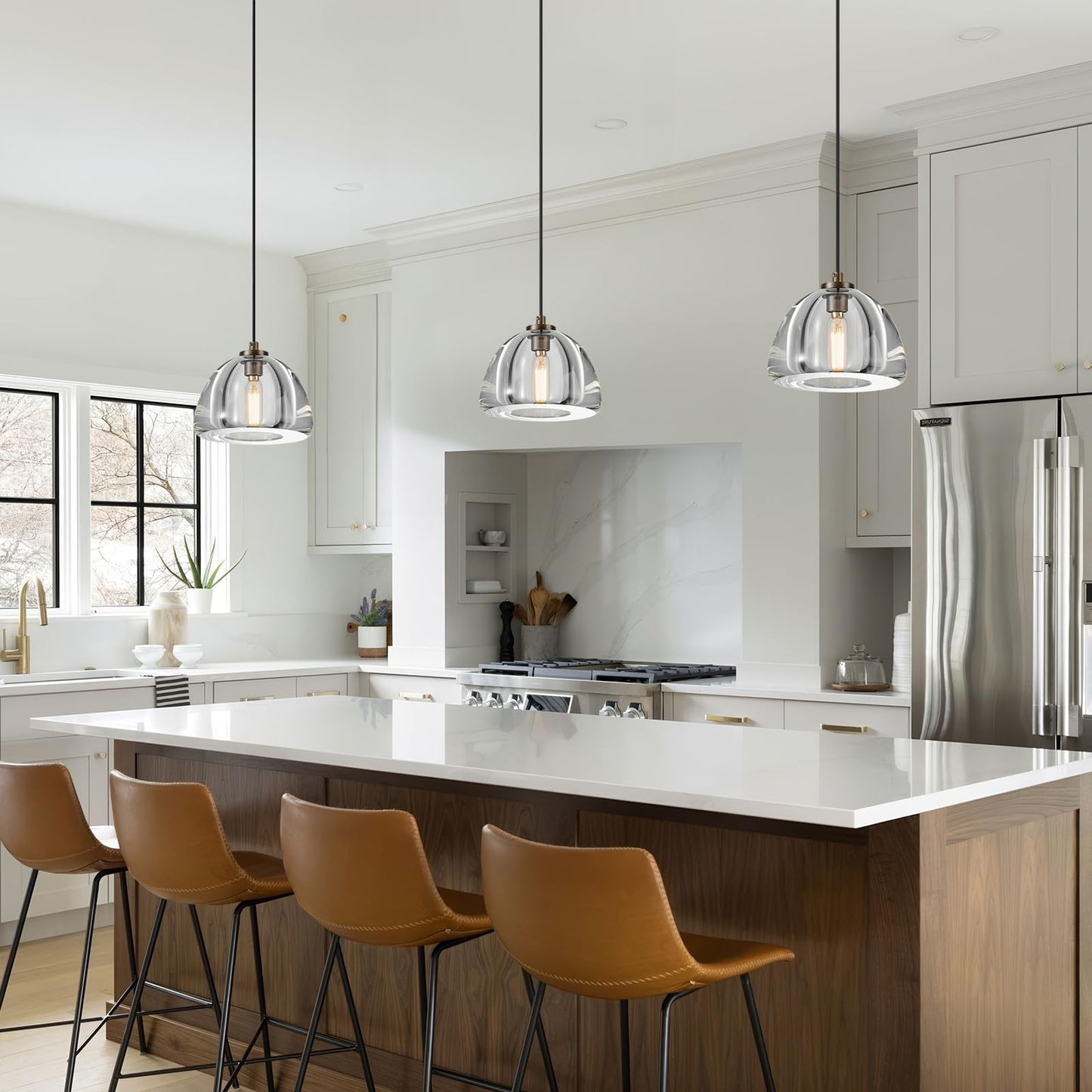 Aged Brass Crystal Pendant Light: Set of 2 Dimmable Antique Copper Hanging Pendant Light Fixtures over Kitchen Island -7" Modern Luxury Vintage Dining Room Pendants Lighting 3000k E12 Bulb Included