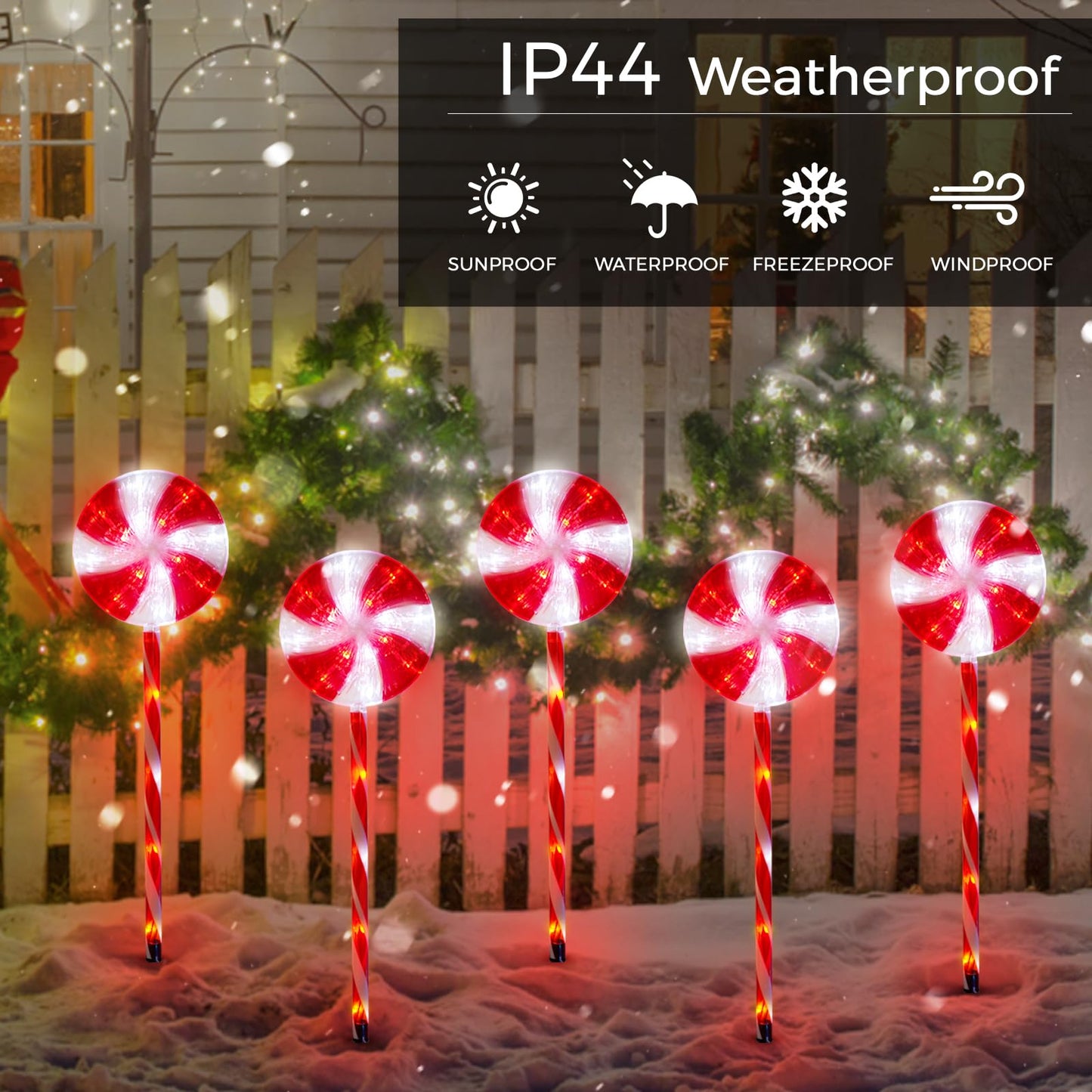 Outdoor Christmas Decorations Solar Pathway Lights, Set of 5 Lollipops Peppermint Stake Lights, 8 Modes Candy Cane Walkside Lights, Outdoor Xmas Decoration for Walkway,Yard (5PCS-Red)