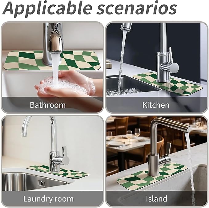 Kitchen Sink Splash Guard，Green-and cream checkered Faucet Mat Sink