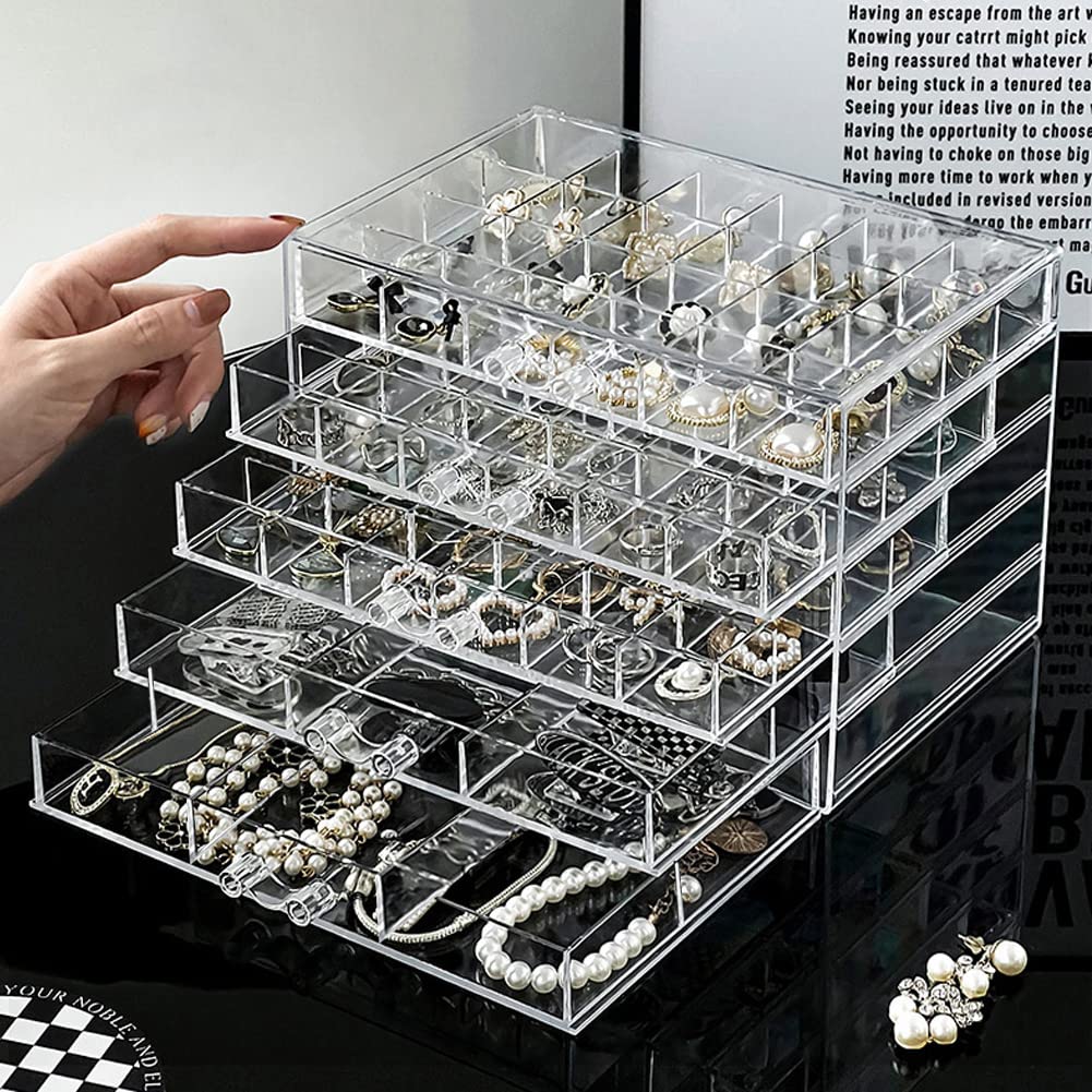 YUFONG Jewelry Boxes Earring Storage Box Organizer 5 Drawers Jewelry Organizer Acrylic Jewelry Storage Box Holder Compartment Transparent Display Storage Case Gift for Women Girls (84 Girds)
