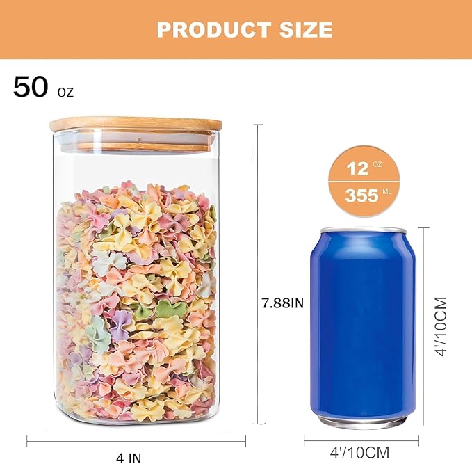 50oz Glass Food Storage Jars Set of 6, Glass Storage Containers Clear Glass