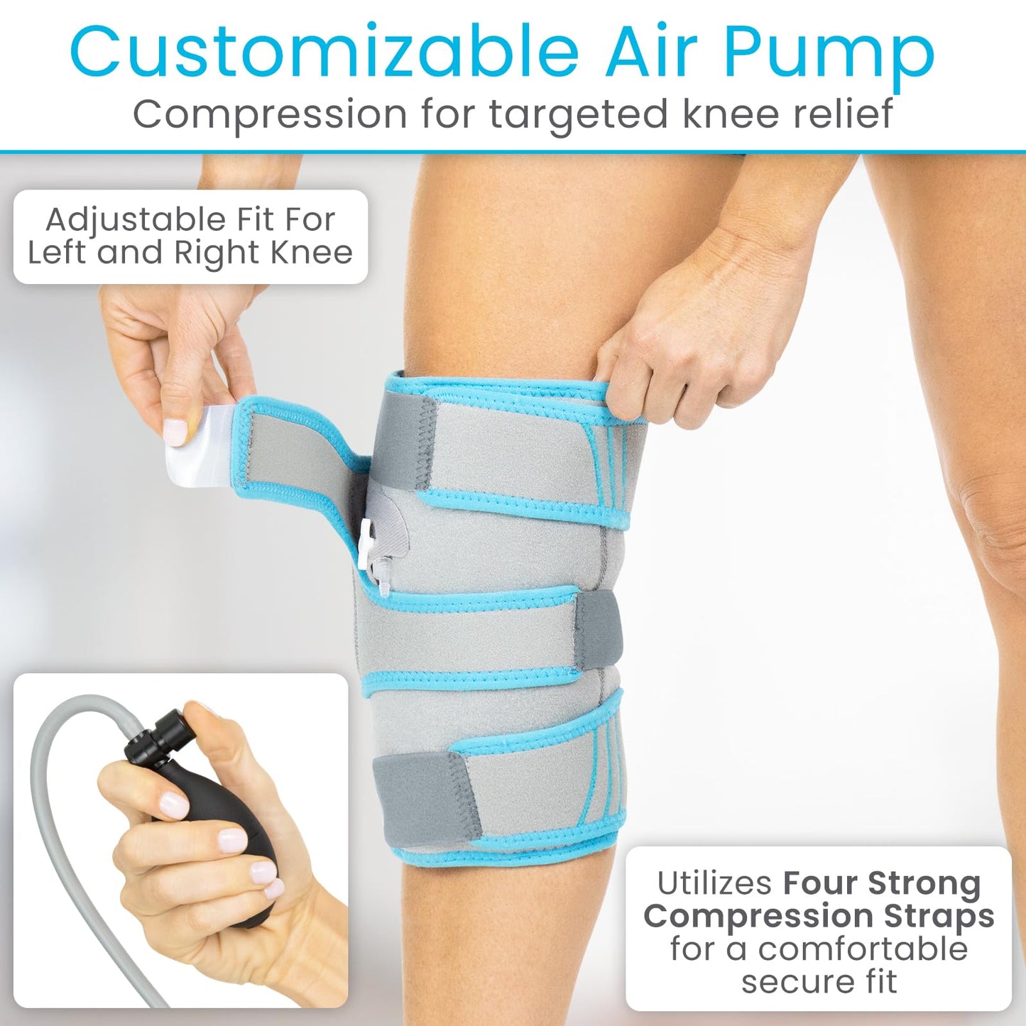 Vive Compression Knee Ice Wrap - Reusable Brace with Air Pump - Hot/Cold Therapy for Men, Women, Pain Relief, Swelling and Recovery Support - Adjustable and Inflatable Pack for Sports Injury Sprains