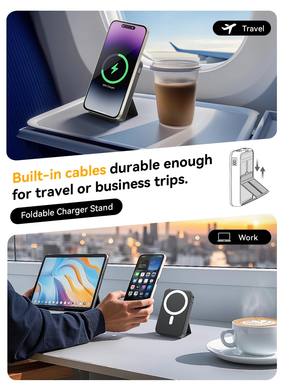 Magnetic Portable Charger, 10000mAh Wireless Power Bank with 20W USB-C Fast Charging, Foldable Stand & LED Display Magnetic Battery Pack, Compatible with iPhone 16/15/14/ All Series