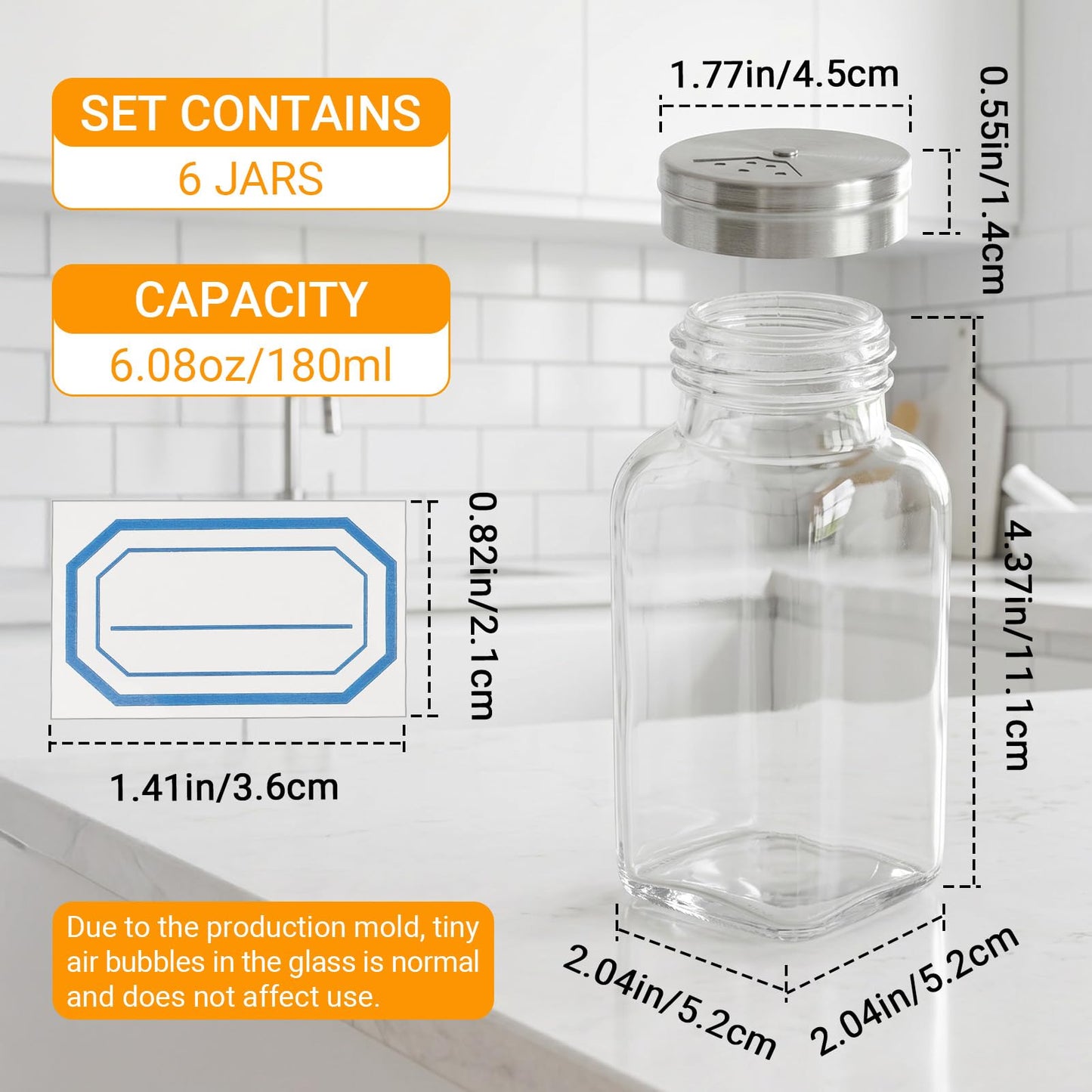 Segarty 6 PCS Glass Spice Jars 6oz, Salt Bottles with Adjustable Stainless Steel Shaker Lids 3 Pouring Ways, Large 180ml Square Condiments Jars 6 Stickers for Sugar Pepper Storage Kitchen Organization