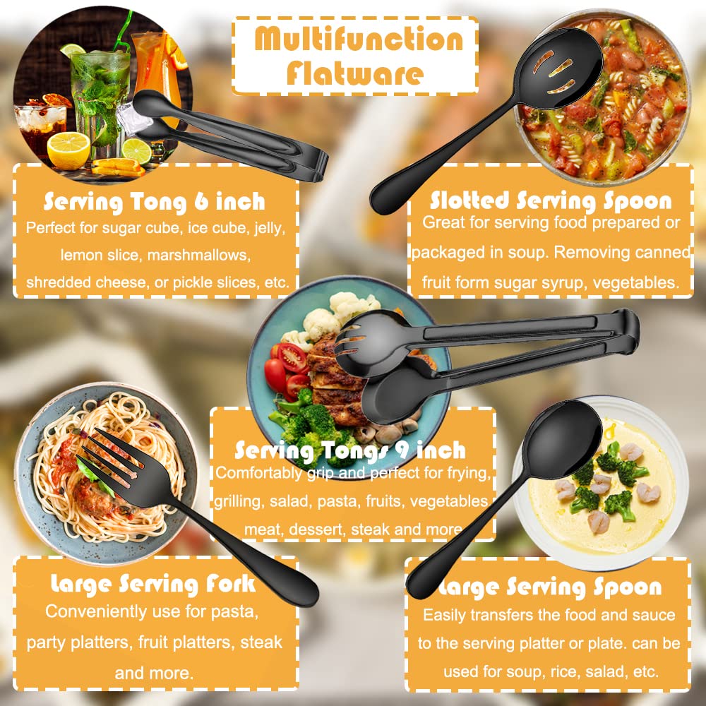 IAXSEE 10 PCS Stainless Steel Serving Utensils, Large Serving Spoons Slotted Spoons, Serving Forks, Serving Tongs, Ice Suger Tongs, Metal Utensils Set Great for Buffet Catering Banquet Party (Black)