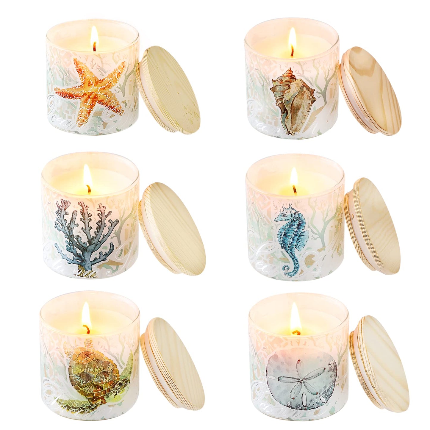 Jar Candles Scented with Lid Gift Set of 6 Ocean Theme Glass Jar Different Fragrance Soy Wax Aromatherapy Candles Take Harsh Smells Away Candle for Home Scented Stress Relief Relaxation