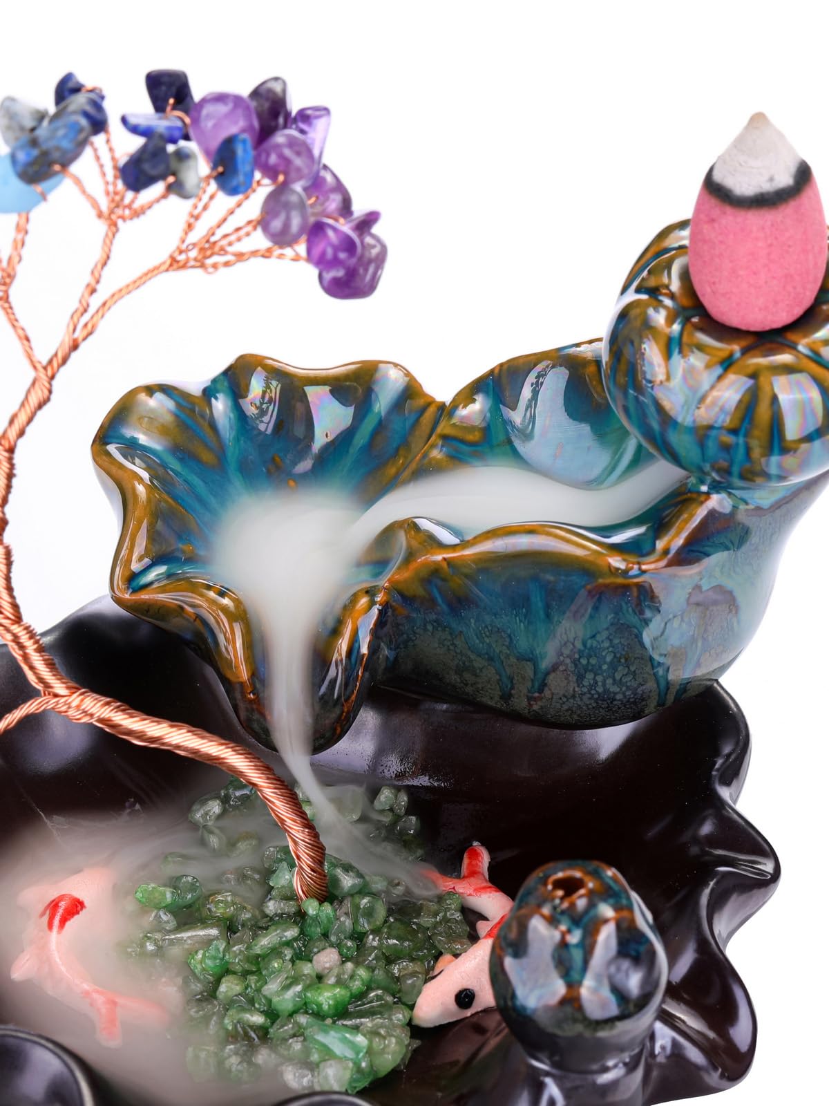 Jovivi Backflow Incense Burner Ceramic Incense Waterfall,7 Chakra Stones Healing Crystal Money Tree Incense Holder for Wealth, Good Luck, Yoga Meditation, Home Decor