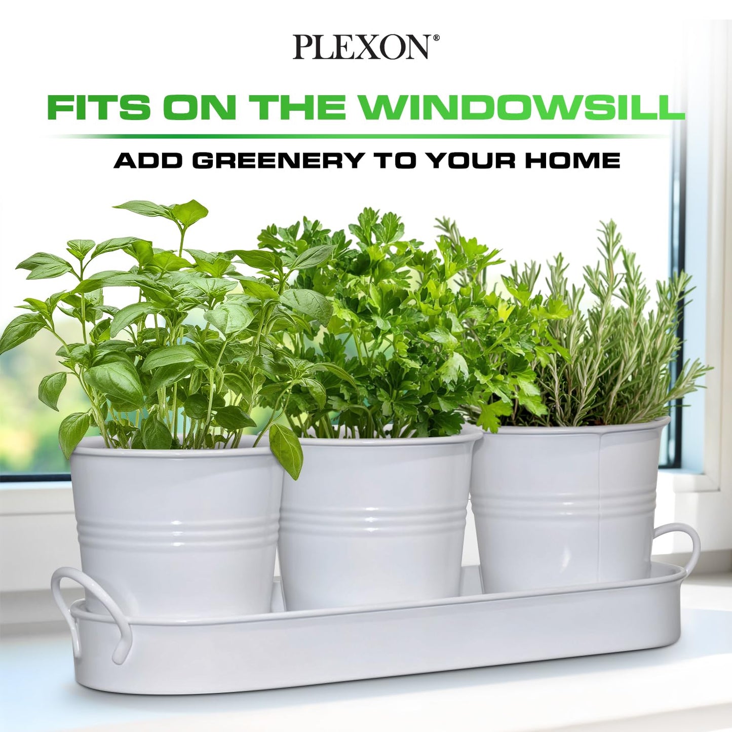Plexon Herb Planter Indoor Garden Set of 3 with Tray, Metal Herb Pots for Indoor Plants, Round Kitchen Garden Kit Ideal for Windowsill Planter or Countertop, White Powder Coated
