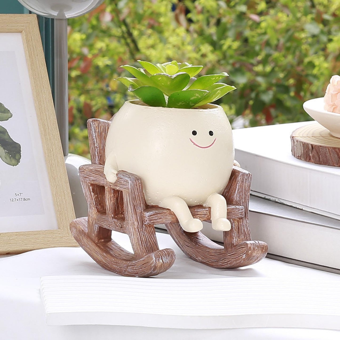 WINLDKFER Creative New Home Office Succulent Flower pots, Cute Rocking Chairs, Round face Sitting Flower pots, Plant Decorative Ornaments