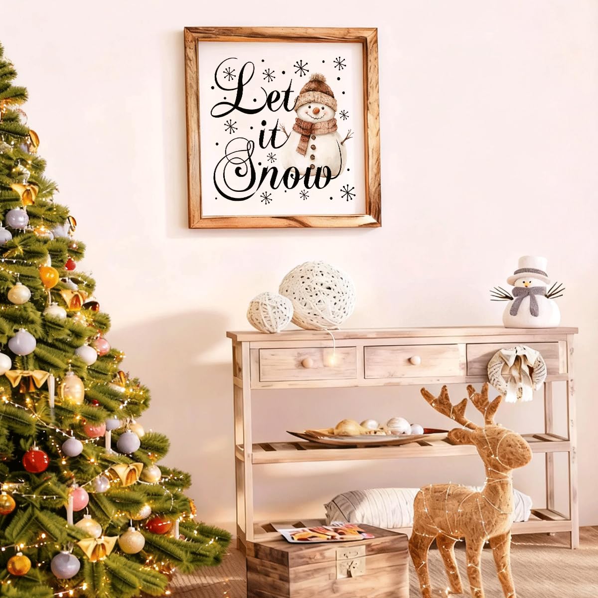Christmas Wall Decor, Let It Snow Snowman Sign, Winter Framed Wood Wall Accent for Living Room Entryway or Playroom, MDF Holiday Hanging Plaque for Home
