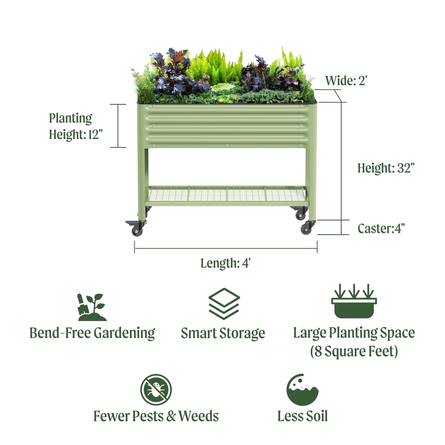 Rolling Elevated Raised Garden Bed-V Series, 2' x 4' Garden Beds with Legs & Storage Rack for Patio & Porch, 700 Lbs Weight Capacity, Outdoor Planter Box for Vegetables Flower Herbs, Modern Gray