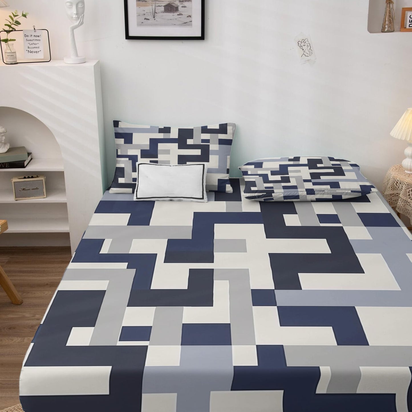 NOGAWA Abstract Sheets Full, Geometric Modern Bed Sheets, Deep Pocket & Soft Microfiber Bedding Sheets & Pillowcases 4 Piece - Fitted Sheet & Flat Sheet & 2 Pillow Cases