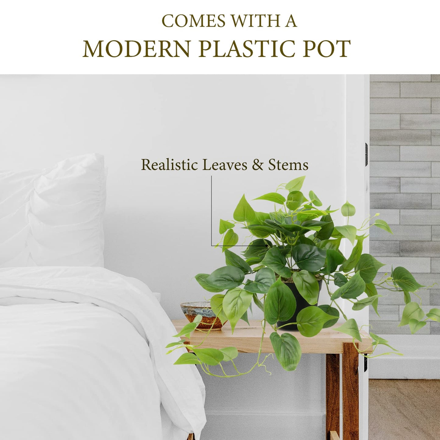 LOYWREE Artificial Scindapsus Aureus Fake Pothos Plants in Black Pots - Realistic Faux Indoor Greenery Potted for Home, Office, Desk, Shelf, Living Room, Bedroom, Balcony, Patio & Garden Decor