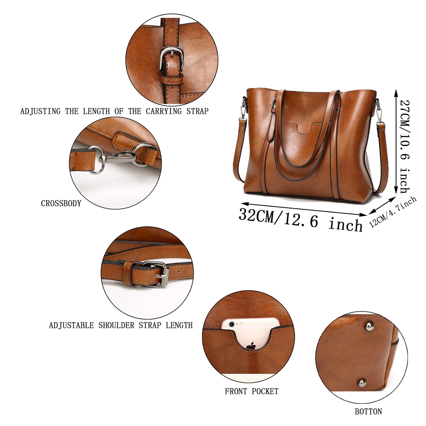 Aileese Womens Handbags Soft Leather Large Capacity Retro Vintage Top-Handle Casual Pocket Tote Shoulder Cross-Body Bags Brown