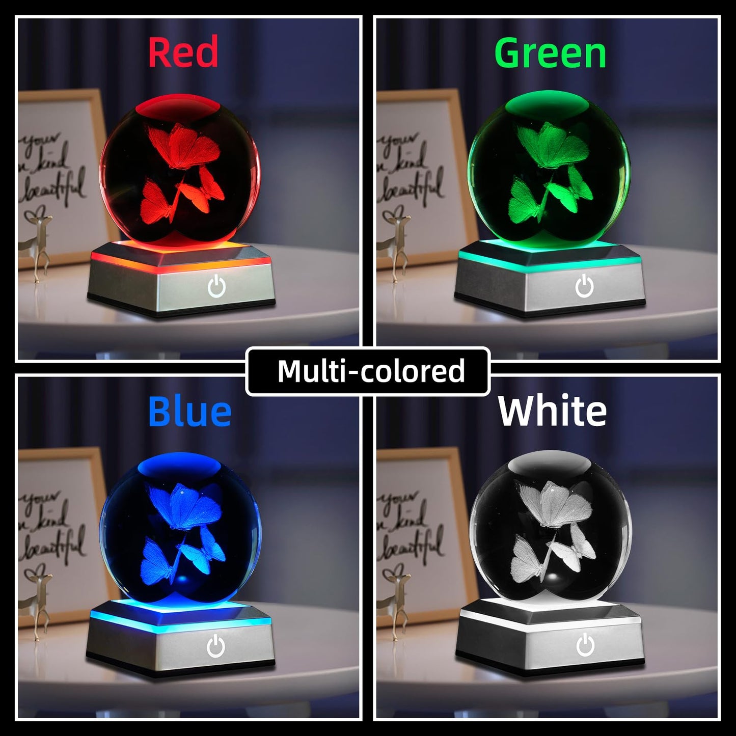 3D Crystal Ball Night Light - 3.15 Inch Butterfly Figurines Glass Ball Table Lamp with Color Changing Touch Base - Butterfly Gifts for Friends, Kids, Women - Christmas, Birthday