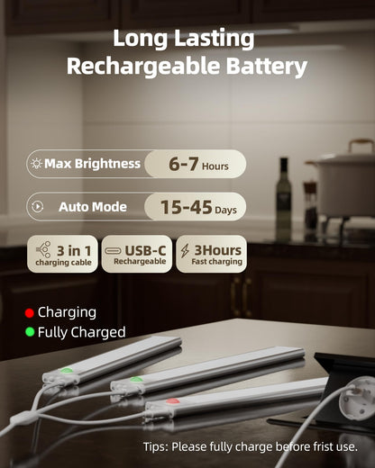 Under Cabinet Lighting Wireless,Rechargeable Battery Motion Sensor Light Indoor,LED Closet Lights USB Charging,3 Color Dimmable Under Cabinet Lights for Kitchen, Cabinet, Wardrobe (3 Pcs)12in
