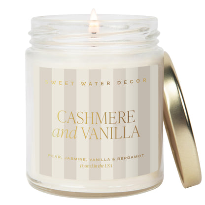 Sweet Water Decor Cashmere and Vanilla Patterned Candle – Soy Candles with Coconut, Bourbon Vanilla, Cashmere, Sandalwood, Musk – 40 Hour Burn – 9oz Clear Glass Jar – Luxury Spring Candle