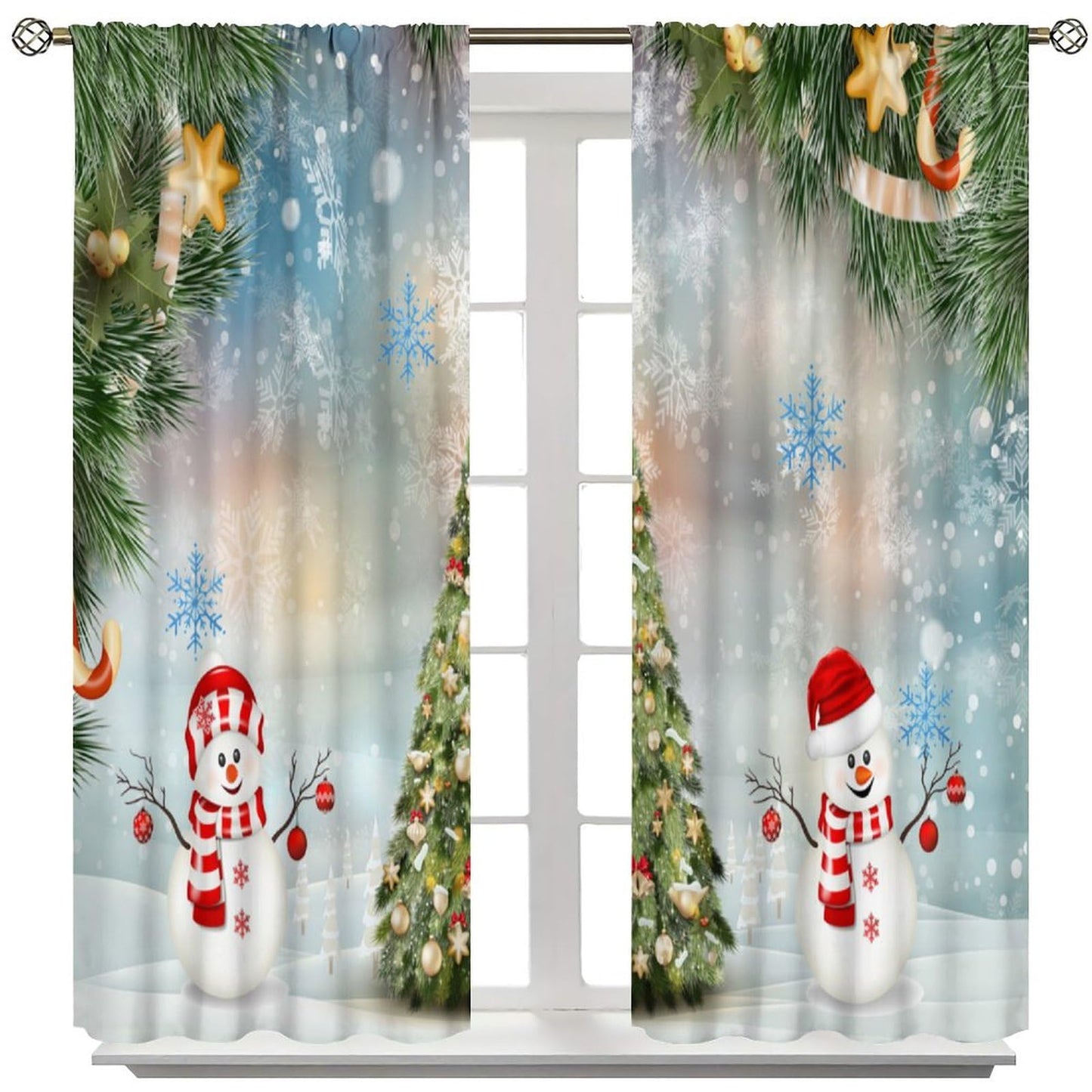 FengMingRui Christmas Curtain Christmas Happy Holidays Winter Snowflake Holiday Christmas Snowman Decor Window Treatment Bedroom Living Room Decor Window Drapes 52" W X 84" L