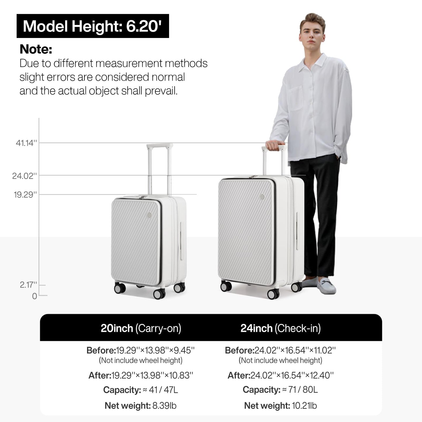 mixi 24 Inch Large Expandable Checked Luggage PC Hard Shell Suitcase Top Opening Rolling Travel Suitcases with Spinner Wheels & TSA Lock, Smoke White