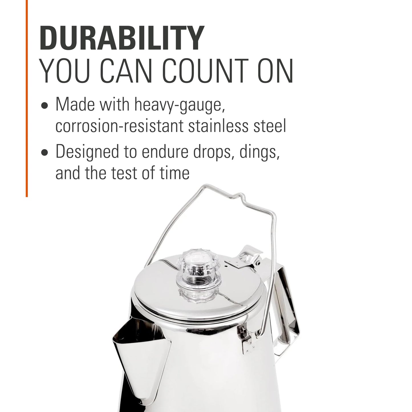 GSI Outdoors Percolator Coffee Pot I Glacier Stainless Steel Ultra-Rugged for Brewing Coffee Over Stove and Fire Ideal for Group Camping, 36 Cup