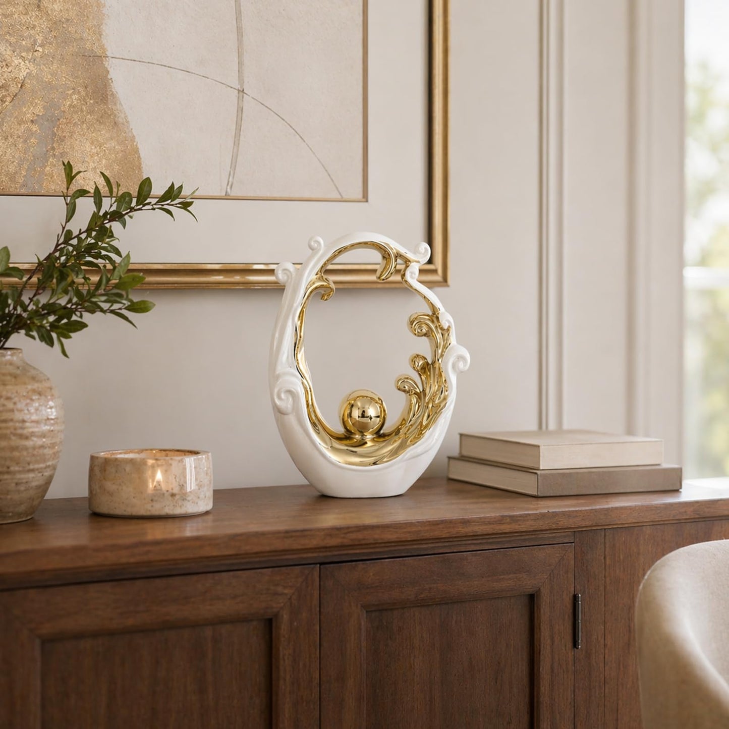 LINYTHER Abstract Ceramic Sculpture, White and Gold Modern Tabletop Statue Wave-Inspired, for Home Decor, Decorative Accent for Shelf, Mantel, Coffee Table, Console or Entryway