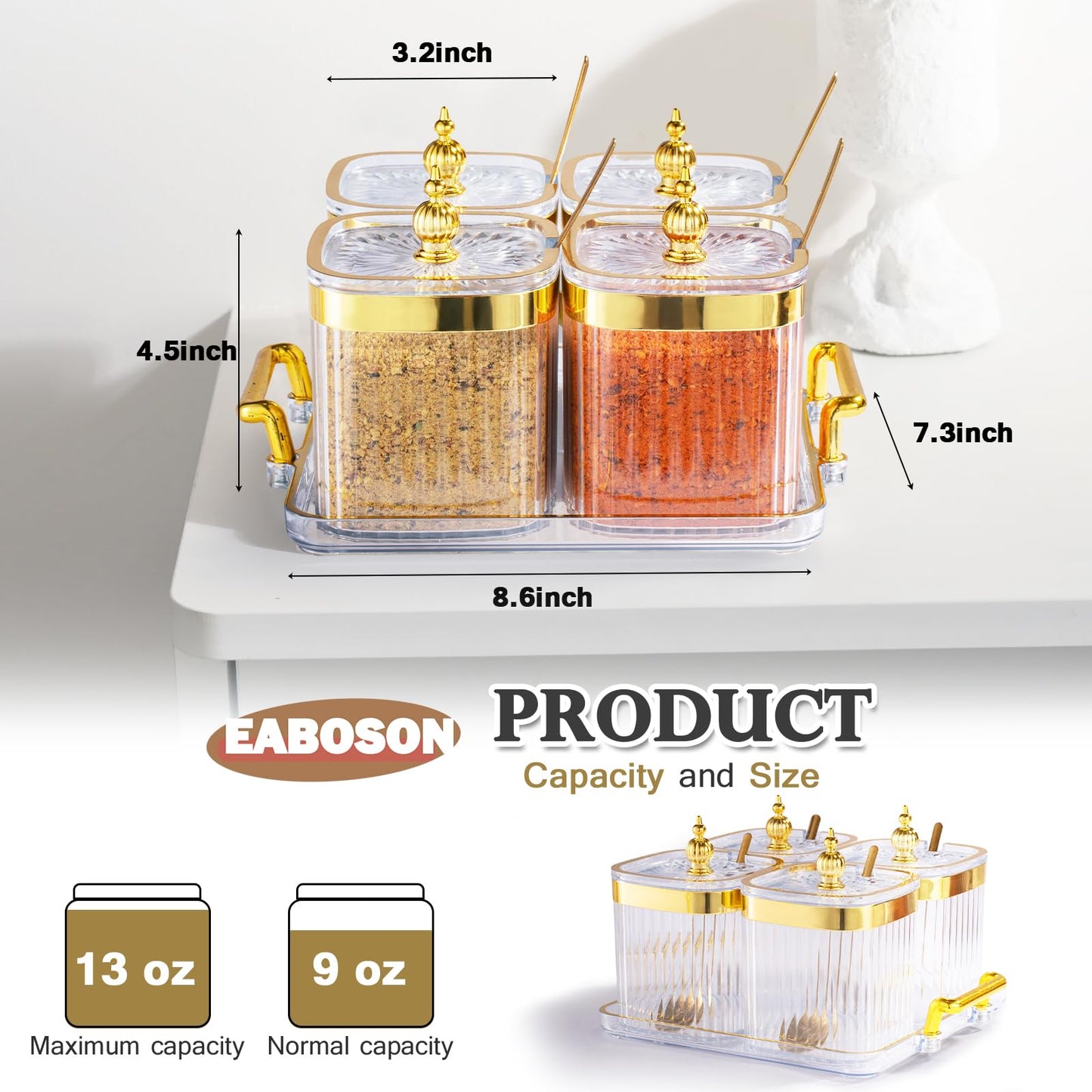 EABOSON 4 Pack Clear Condiment Spice Jars with Lids, Spoons, Tray - Plastic Seasoning Box Set for Salt, Pepper, Sugar - Kitchen Storage